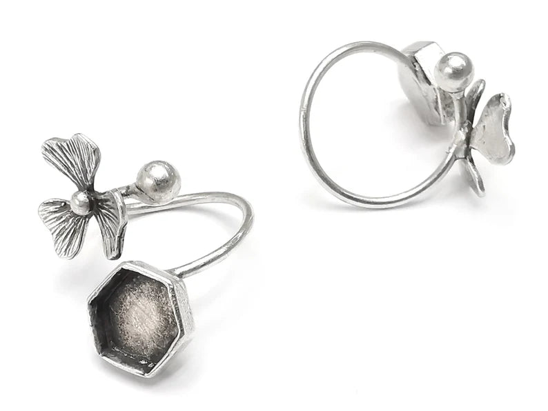 Flower Ball Head Silver Ring Setting Blank Cabochon Mounting Adjustable Ring Base Bezel Antique Silver Plated Brass (10 Blank) G27064