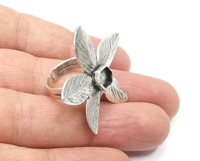 Leaf Leaves Silver Ring Setting Blank Cabochon Mounting Adjustable Ring Base Bezel Antique Silver Plated Brass (6mm) G27065