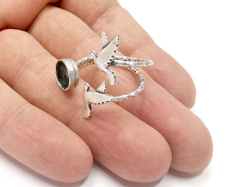 Birds Hammered Ring Blank Ring Setting Ring Bezel Base Cabochon Mountings Adjustable Antique Silver Plated Brass (8mm blank) G26751