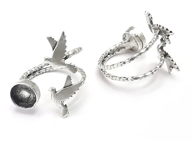 Birds Hammered Ring Blank Ring Setting Ring Bezel Base Cabochon Mountings Adjustable Antique Silver Plated Brass (8mm blank) G26751