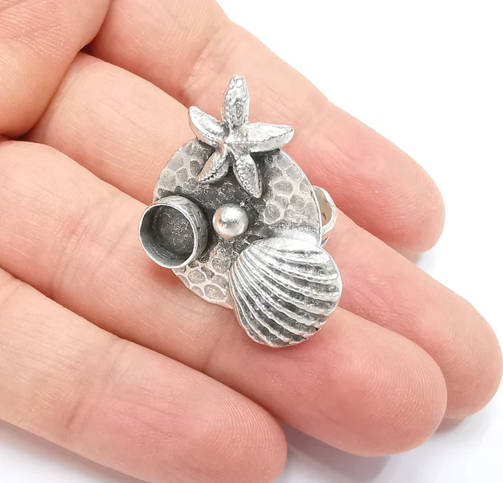 Starfish Seashell Ball Disc Blank Silver Ring Setting Cabochon Mounting Adjustable Ring Base Bezel Antique Silver Plated Brass (8mm) G26753