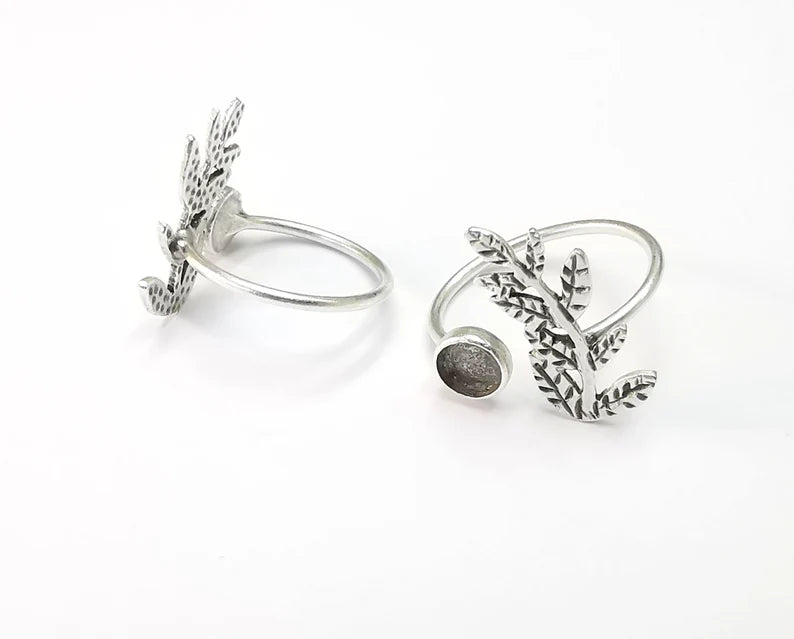 Leaf Leaves Silver Ring Setting Blank Cabochon Mounting Adjustable Ring Base Bezel Antique Silver Plated Brass (6mm) G26754