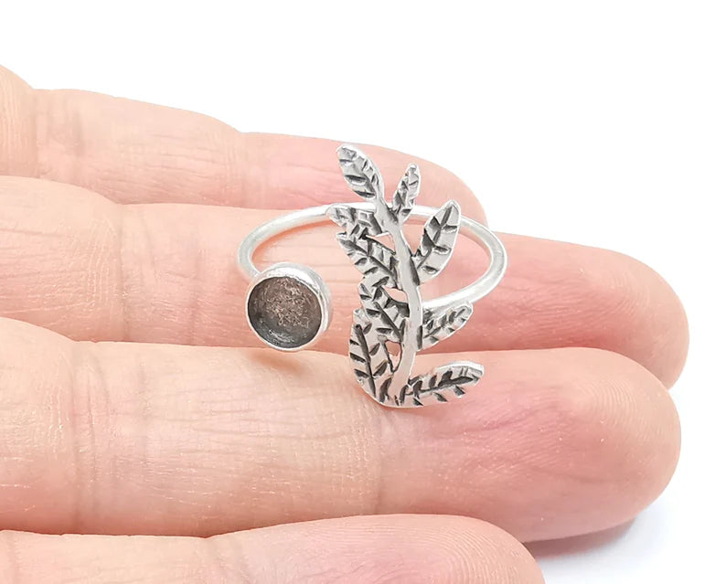 Leaf Leaves Silver Ring Setting Blank Cabochon Mounting Adjustable Ring Base Bezel Antique Silver Plated Brass (6mm) G26754