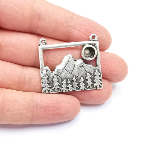 Landscape Pendant Mountain Forest Pine Tree Blank Resin Bezel Mounting Cabochon Base Setting Antique Silver Plated Charms (6mm Blank) G26758