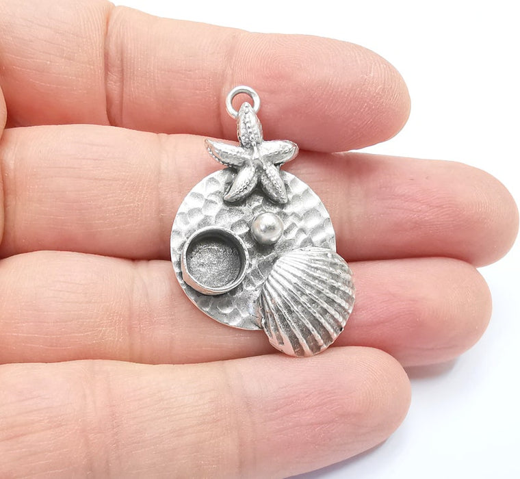 Scallop Shell and Starfish Ball Pendant Bezel Blank Hammered Pendant Antique Silver Plated Blanks (8mm Blank) G26766