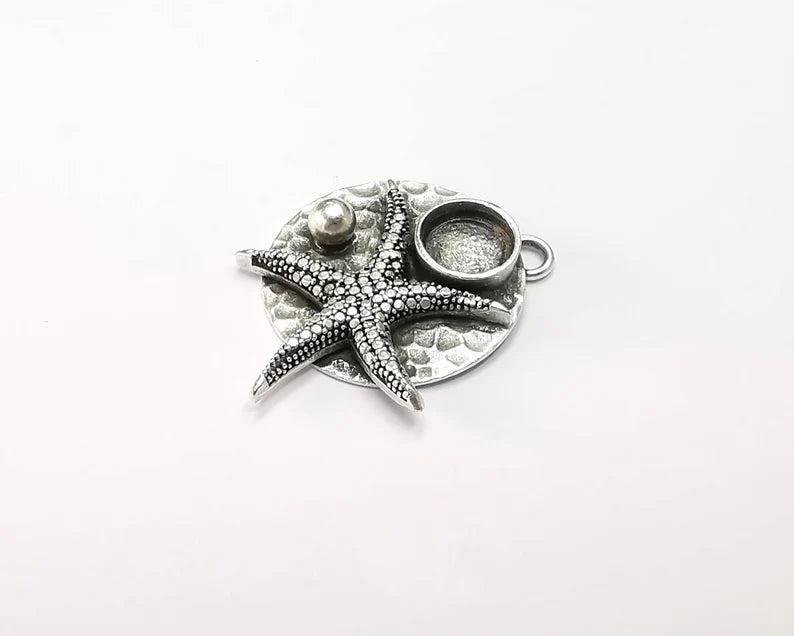 Silver Starfish Ball Pendant Bezel Blank Hammered Pendant Antique Silver Plated Blanks (8mm Blank) G26755