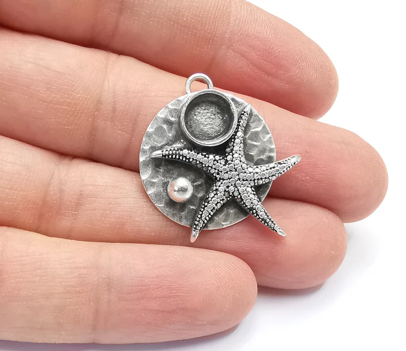 Silver Starfish Ball Pendant Bezel Blank Hammered Pendant Antique Silver Plated Blanks (8mm Blank) G26755