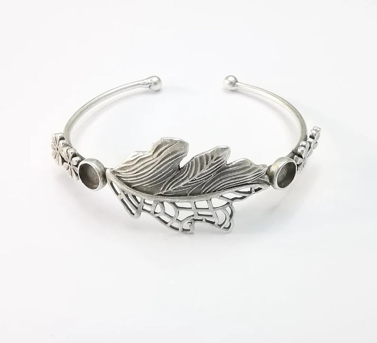 Silver Leaf Flower Bracelet Blank Resin Cuff Dry Bezel Cabochon Base Adjustable Antique Silver Plated Brass (6mm Blanks) G26756