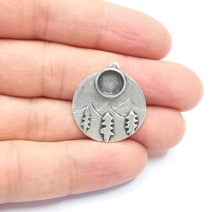 Mountain Pine Tree Charms Blank Resin Bezel Mosaic Mountings Cabochon Setting Antique Silver Plated Brass (8mm Blank) G26767