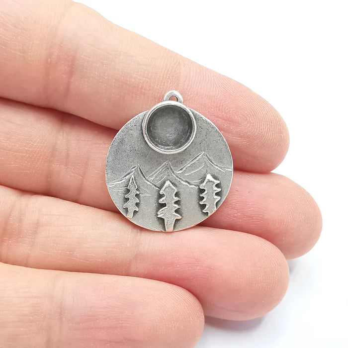 Mountain Pine Tree Charms Blank Resin Bezel Mosaic Mountings Cabochon Setting Antique Silver Plated Brass (8mm Blank) G26767