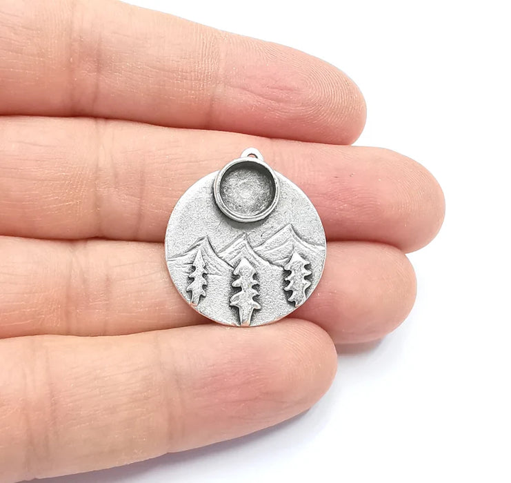 Mountain Pine Tree Charms Blank Resin Bezel Mosaic Mountings Cabochon Setting Antique Silver Plated Brass (8mm Blank) G26767