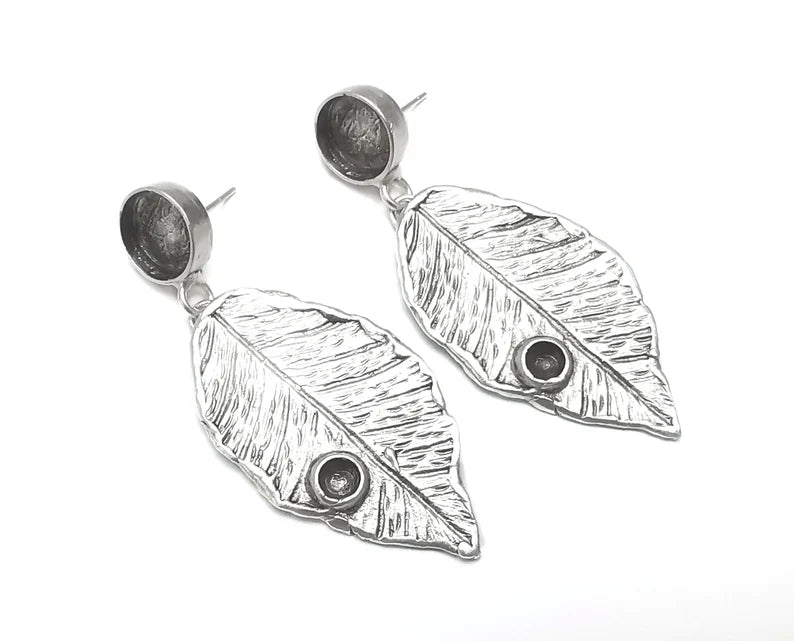 Leaf Earring Stud Base Earring Posts Antique Silver Plated Brass Earring 1 pair (56x23mm) G27075