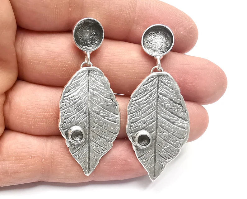 Leaf Earring Stud Base Earring Posts Antique Silver Plated Brass Earring 1 pair (56x23mm) G27075