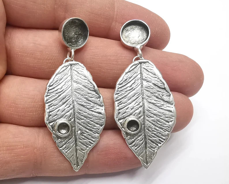 Leaf Earring Stud Base Earring Posts Antique Silver Plated Brass Earring 1 pair (56x23mm) G27075