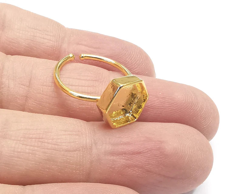 Hexagonal Shiny Gold Ring Bezels Settings Resin Backs Cabochon Mounting Gold Plated Brass Adjustable Ring Base (10mm blank) G26770