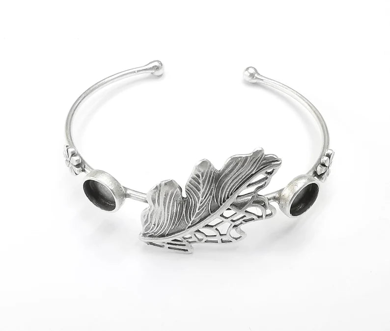 Silver Leaf Flower Bracelet Blank Resin Cuff Dry Bezel Cabochon Base Adjustable Antique Silver Plated Brass (9mm Blanks) G26773