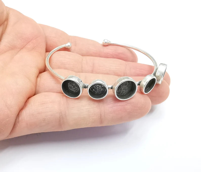 Silver Bracelet Blank Cuff Bezel Cabochon Base Resin Mountings Adjustable Antique Silver Plated Brass (10mm-8mm Blanks) G26776