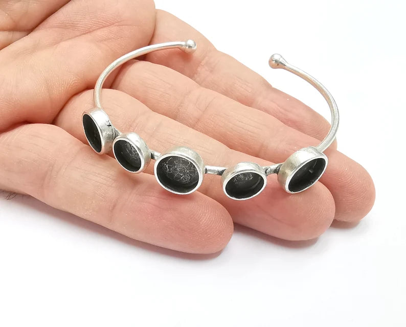 Silver Bracelet Blank Cuff Bezel Cabochon Base Resin Mountings Adjustable Antique Silver Plated Brass (10mm-8mm Blanks) G26776