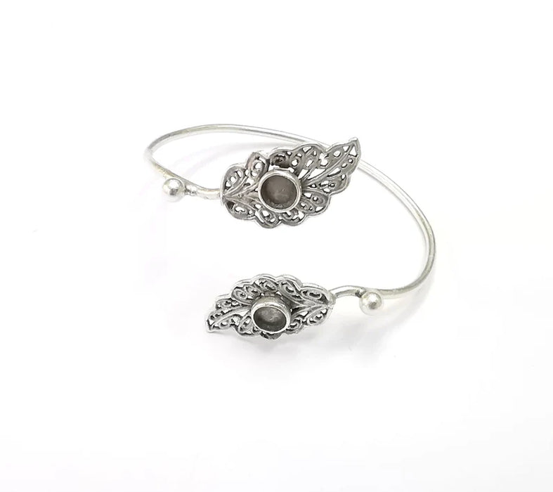 Silver Leaves Bracelet Blank Resin Cuff Dry Bezel Cabochon Base Adjustable Antique Silver Plated Brass (6mm Blanks) G26778