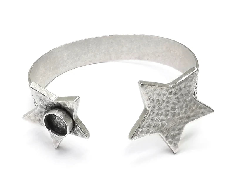 Star Bracelet Blank Cuff Bezel Cabochon Base Resin Mountings Adjustable Antique Silver Plated Brass (10mm Blank) G26780