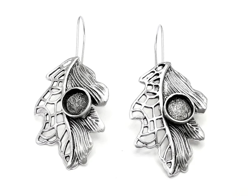 Leaf Earring Blank Base Settings Silver Resin Cabochon Inlay Blank Mountings Antique Silver Plated Brass (8mm blanks) 1 Set G26782