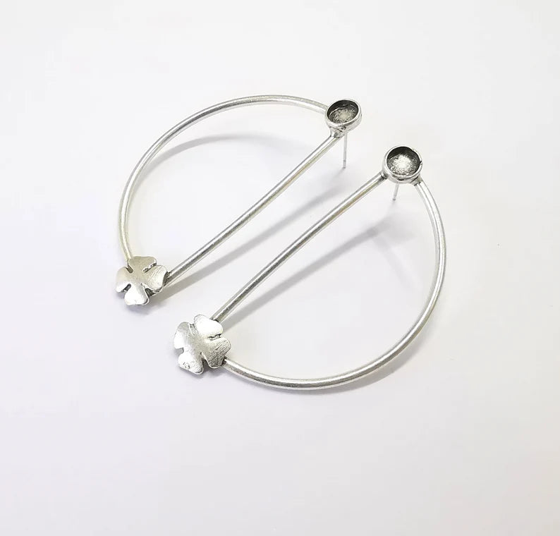 Half Circle Four Leaf Clover Silver Earring Set Base Wire Antique Silver Plated Brass Earring Base (6mm blank) G27083