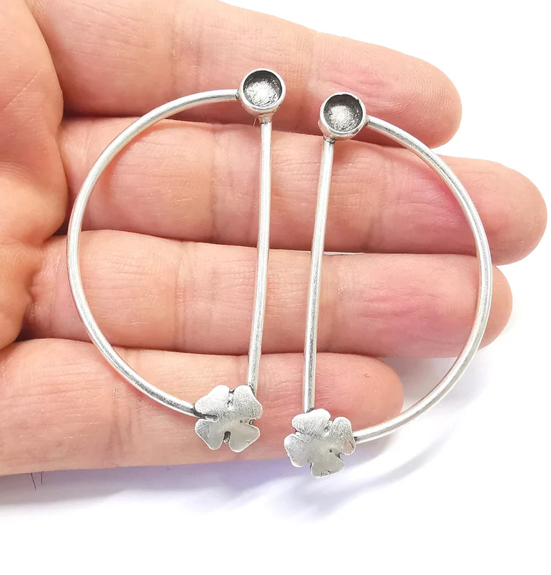 Half Circle Four Leaf Clover Silver Earring Set Base Wire Antique Silver Plated Brass Earring Base (6mm blank) G27083