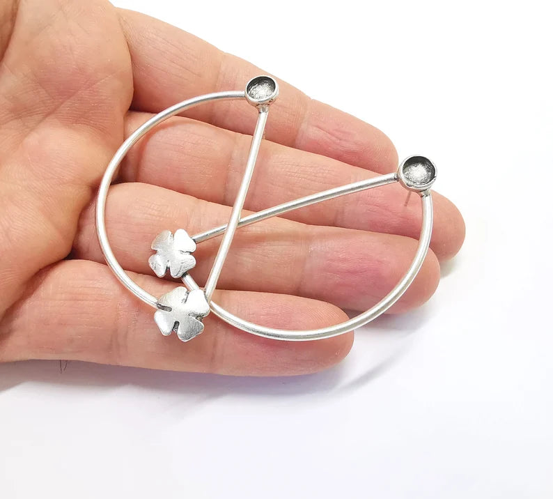 Half Circle Four Leaf Clover Silver Earring Set Base Wire Antique Silver Plated Brass Earring Base (6mm blank) G27083