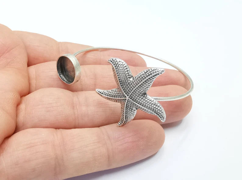 Starfish Silver Bracelet Brass Cuff Blank Bezel Cabochon Base Adjustable Antique Silver Brass (12mm blank) G26783