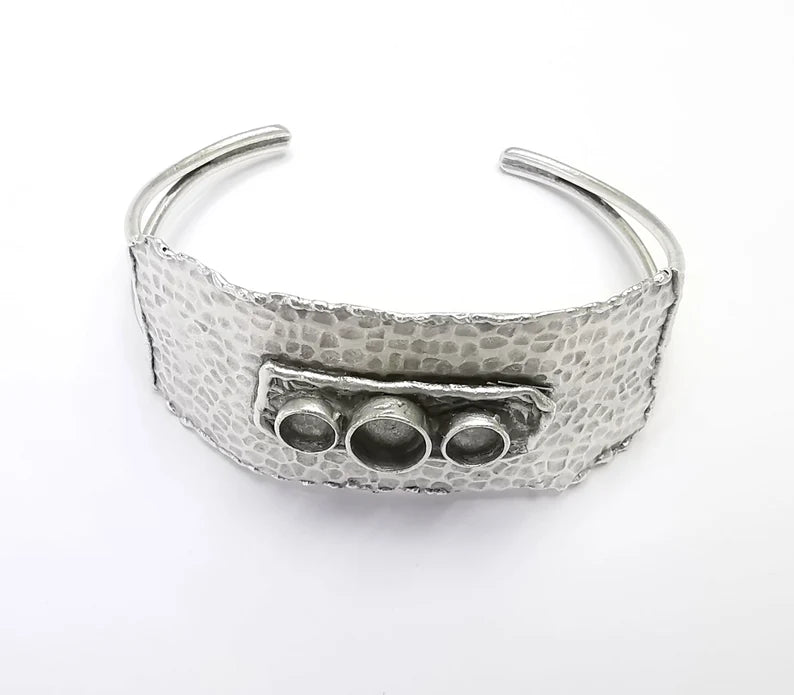 Hammered Rectangle Disc Bracelet Blanks Resin Cuff Dry Bezel Cabochon Base Adjustable Antique Silver Plated Brass (8mm - 6mm Blanks) G26785