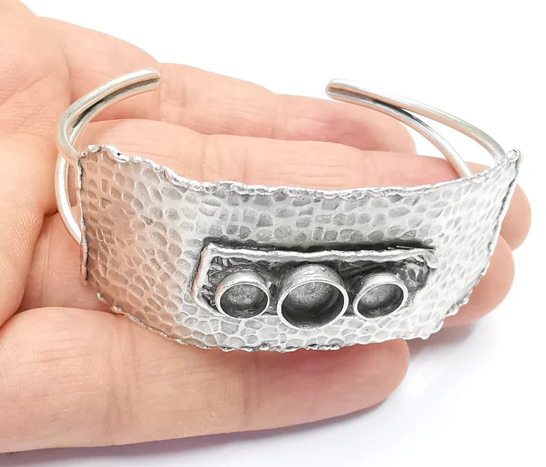 Hammered Rectangle Disc Bracelet Blanks Resin Cuff Dry Bezel Cabochon Base Adjustable Antique Silver Plated Brass (8mm - 6mm Blanks) G26785