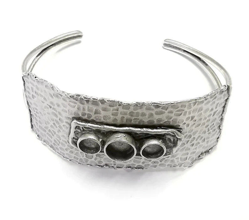 Hammered Rectangle Disc Bracelet Blanks Resin Cuff Dry Bezel Cabochon Base Adjustable Antique Silver Plated Brass (8mm - 6mm Blanks) G26785