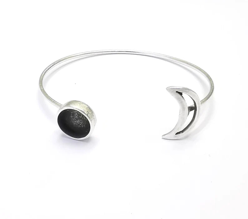 Moon Silver Bracelet Brass Cuff Blank Bezel Cabochon Base Adjustable Antique Silver Brass (10mm blank) G26788