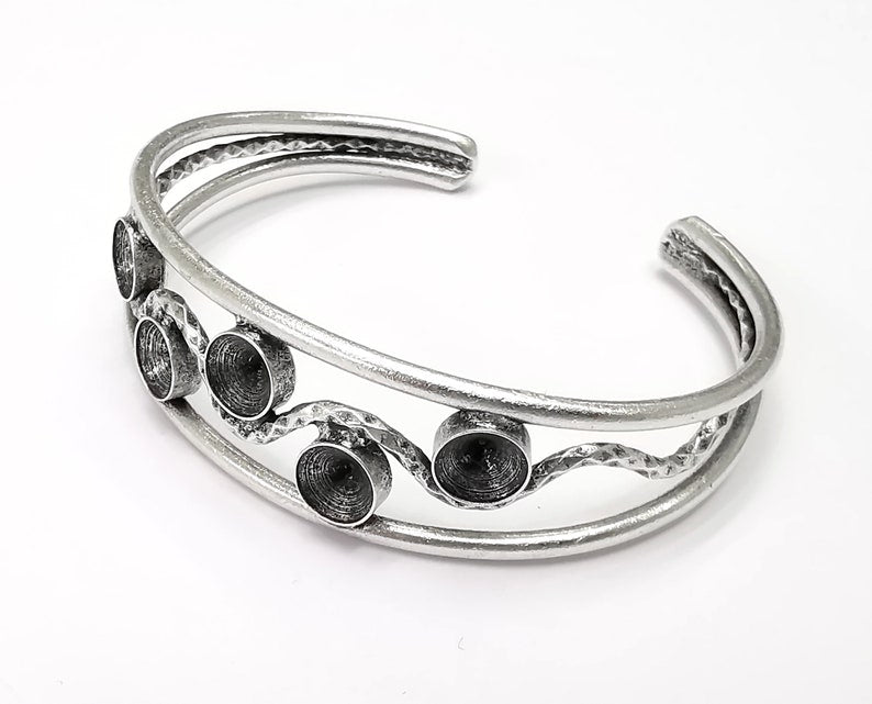 Silver Textured Bracelet Brass Cuff Blank Bezel Glass Cabochon Base Adjustable Antique Silver Plated Brass (8mm blanks) G25875