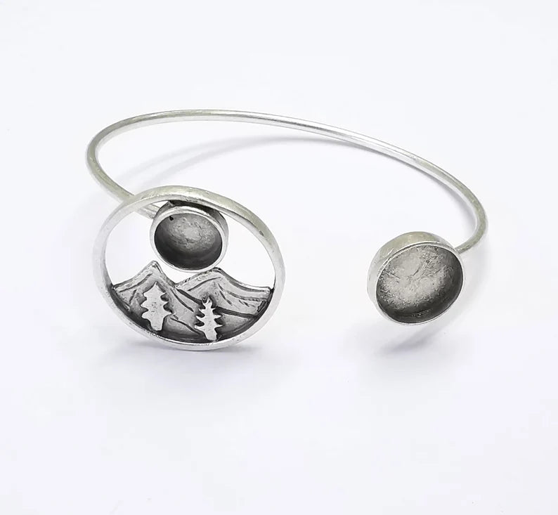Mountain Landscape Pine Tree Round Bracelet Blank Resin Cuff Dry Bezel Cabochon Base Adjustable Antique Silver Plated Brass G26795