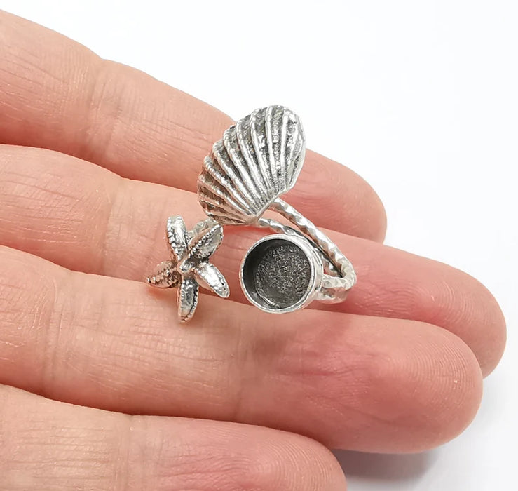 Starfish Seashell Blank Silver Ring Setting Cabochon Mounting Adjustable Ring Base Bezel Antique Silver Plated Brass (8mm blank) G26793