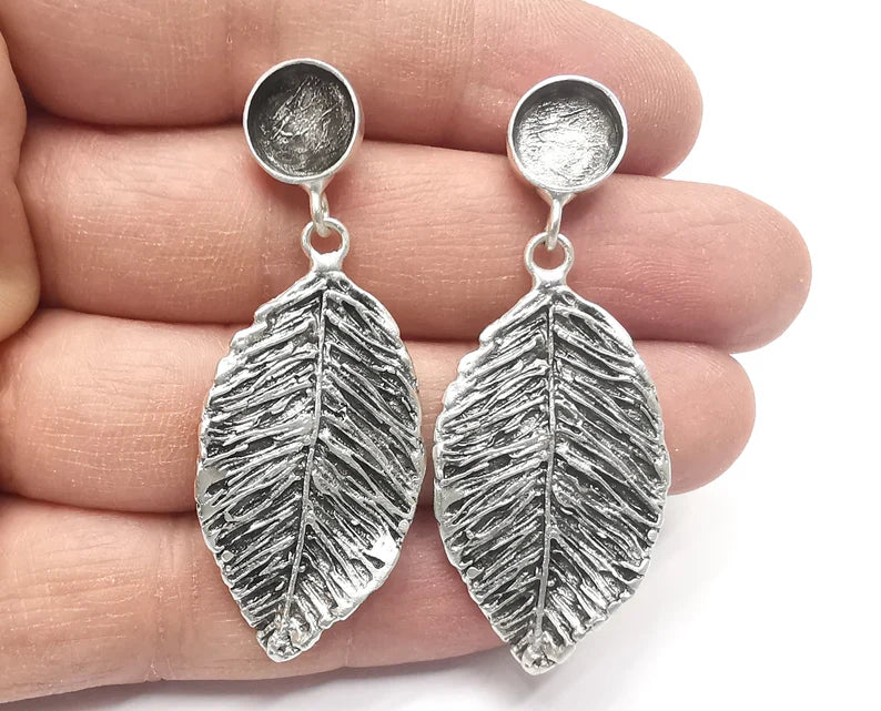 Leaf Silver Dangle Earring Set Base Wire Antique Silver Plated Brass Earring Base (57x23mm)( 10mm blanks) G27086