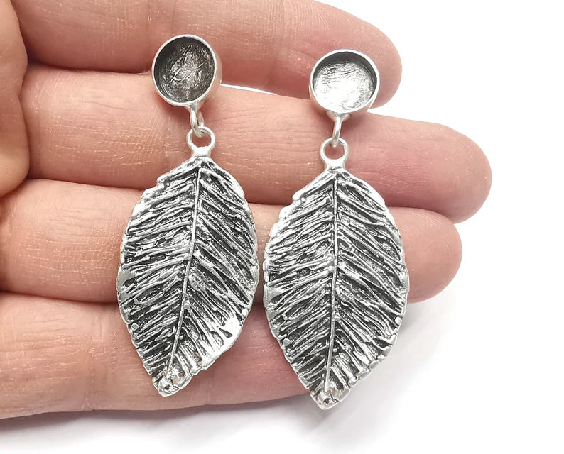 Leaf Silver Dangle Earring Set Base Wire Antique Silver Plated Brass Earring Base (57x23mm)( 10mm blanks) G27086