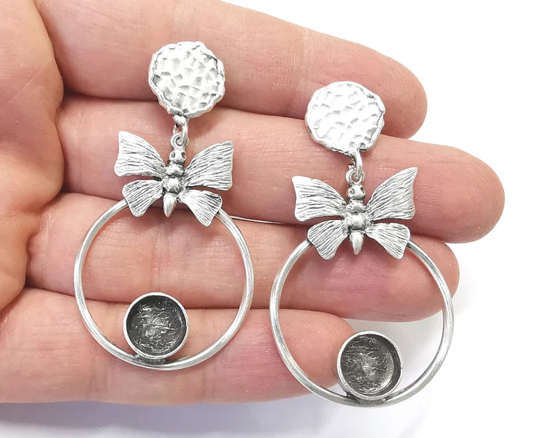 Butterfly Hoop Silver Dangle Earring Set Base Wire Antique Silver Plated Brass Earring Base (58x33mm) G27090