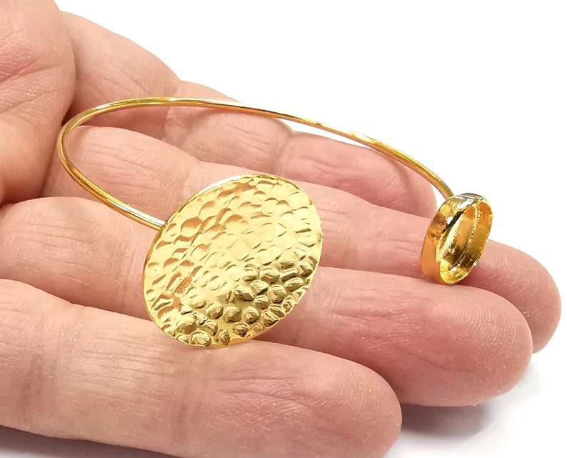 Curved Hammered Disc Oval Bracelet Base Blanks Cuff Blanks Adjustable Bracelet Shiny Gold Plated Brass (11x8mm Blank) G27094