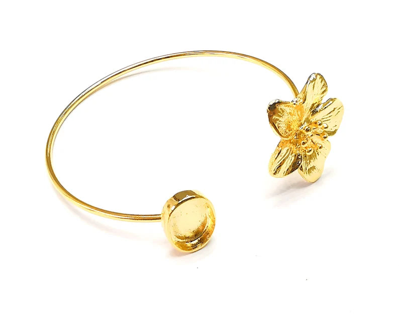 Flower Oval Bracelet Base Blanks Cuff Blanks Adjustable Bracelet Shiny Gold Plated Brass (11x8mm Blank) G27095