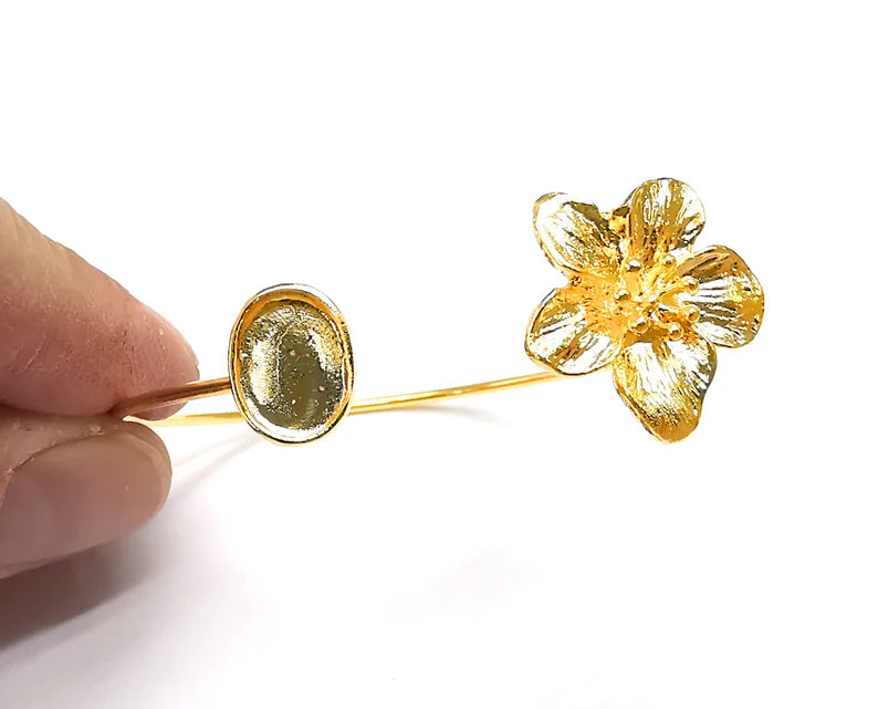 Flower Oval Bracelet Base Blanks Cuff Blanks Adjustable Bracelet Shiny Gold Plated Brass (11x8mm Blank) G27095