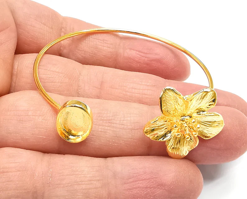 Flower Oval Bracelet Base Blanks Cuff Blanks Adjustable Bracelet Shiny Gold Plated Brass (11x8mm Blank) G27095
