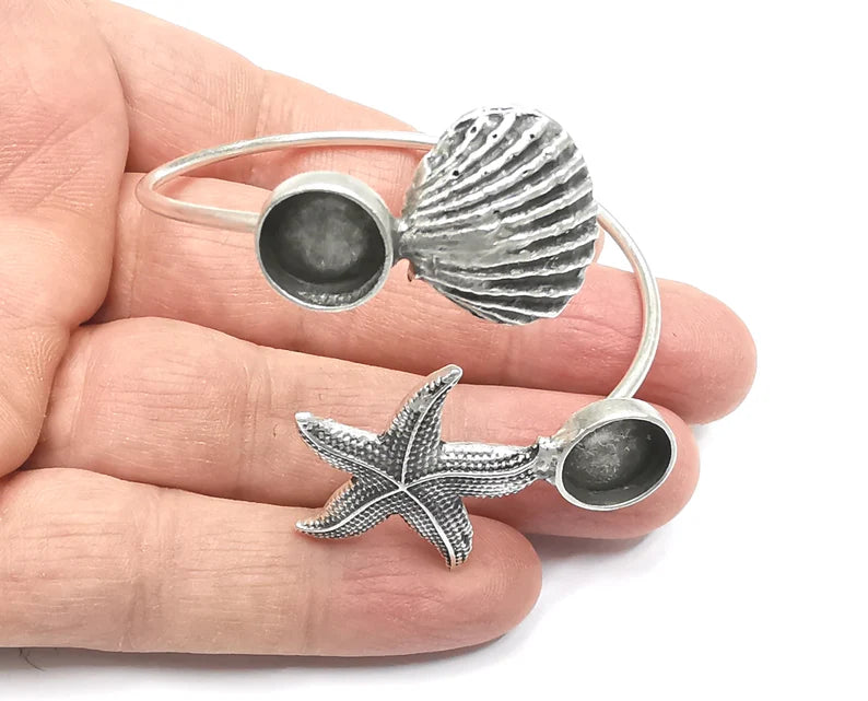 Scallop Starfish Silver Bracelet Brass Cuff Blank Bezel Glass Cabochon Base Adjustable Antique Silver Brass (12 mm blank) G27096