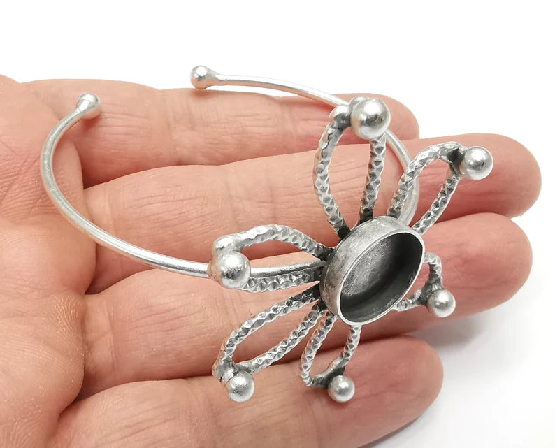 Flower Bracelet Brass Cuff Blank Bezel Glass Cabochon Base Adjustable Antique Silver Plated Brass (14mm blank) G27097