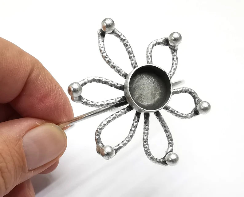 Flower Bracelet Brass Cuff Blank Bezel Glass Cabochon Base Adjustable Antique Silver Plated Brass (14mm blank) G27097