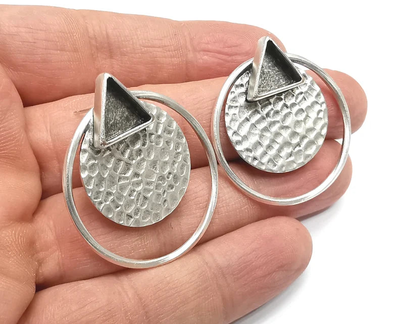 1 Pairs Disc Hammered Hoop Silver Earring Set Base Wire Antique Silver Plated Brass Earring Base (37x33mm) G27098