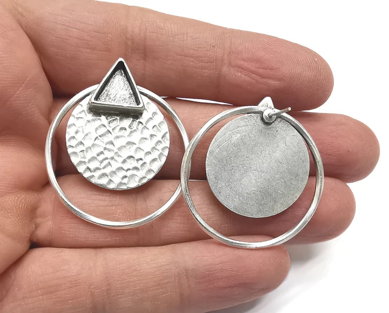 1 Pairs Disc Hammered Hoop Silver Earring Set Base Wire Antique Silver Plated Brass Earring Base (37x33mm) G27098