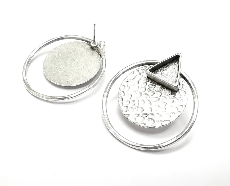 1 Pairs Disc Hammered Hoop Silver Earring Set Base Wire Antique Silver Plated Brass Earring Base (37x33mm) G27098