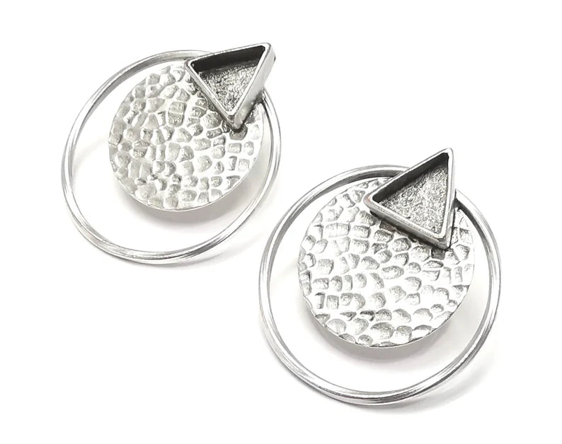 1 Pairs Disc Hammered Hoop Silver Earring Set Base Wire Antique Silver Plated Brass Earring Base (37x33mm) G27098